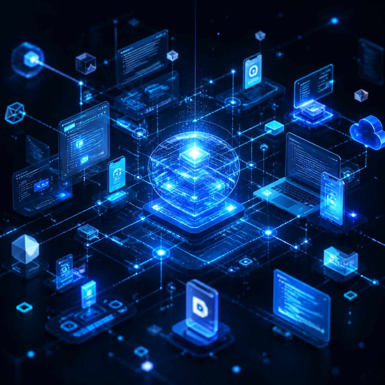 Illustration of Veltrix connected digital product ecosystem with devices, code, and cloud services